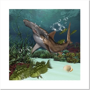 Awesome hammerhead in the deep ocean Posters and Art